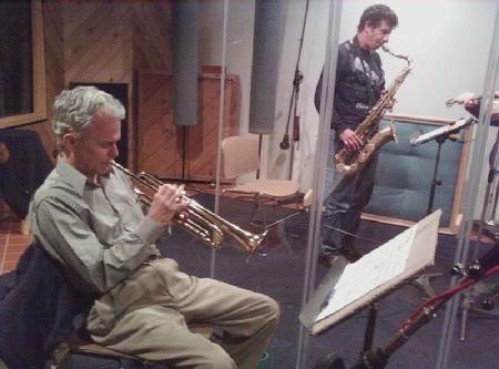 Trumpeter Art Davis and Eric Schneider with his alto sax preparing for their solos on Frank Lamphere's recording session